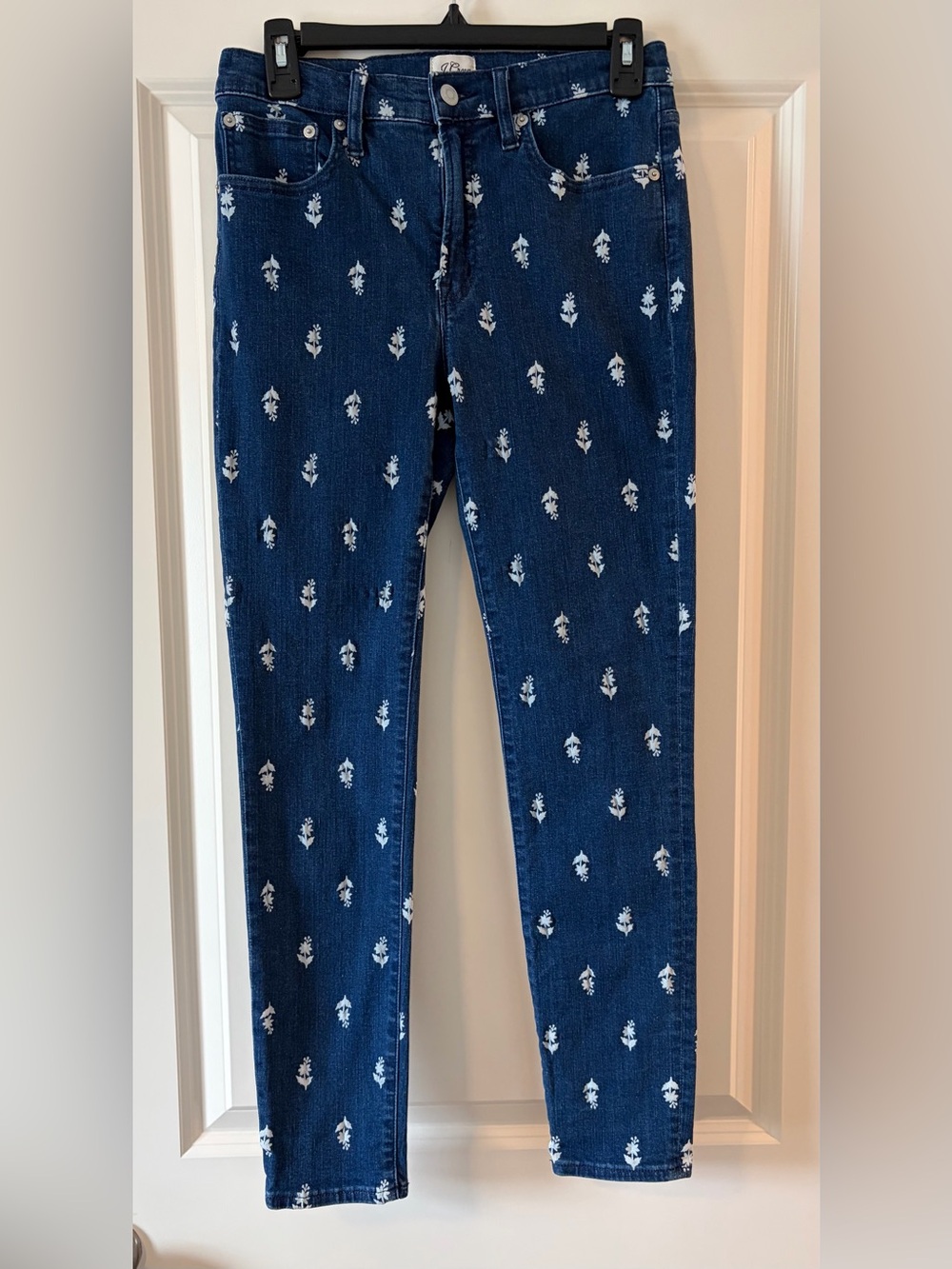 J. Crew Dark Blue Skinny Jeans with White Floral Motif